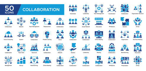 Collaboration collection set. Leadership, Team Management ,Collaboration, Organization Structure, Discussion, Network , Problem Solving, Business Meeting, icon. Simple Dual Tone vector illustration