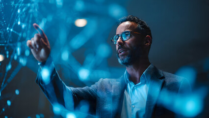 Digital Visionary: A focused individual interacts with a luminous digital interface, symbolizing innovation, connectivity, and the future of technology.