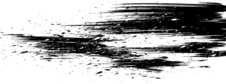Abstract black paint brush stroke grunge texture with ink splatter Monochrome artistic vector design element for distress effects