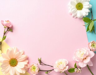 Graceful white and pink blossoms frame a gentle pastel pink canvas with light yellow and blue corners, perfect for serene spring and feminine design projects