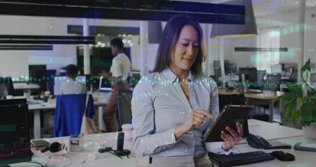 Animation of financial data processing and statistics over businesswoman using tablet - Powered by Adobe