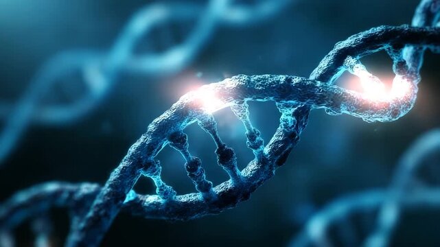 Glowing blue dna double helix structure with bright lights on a dark background
