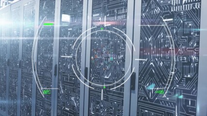 Animation of glitch effect and scope scanning against microprocessor connections over server room - Powered by Adobe