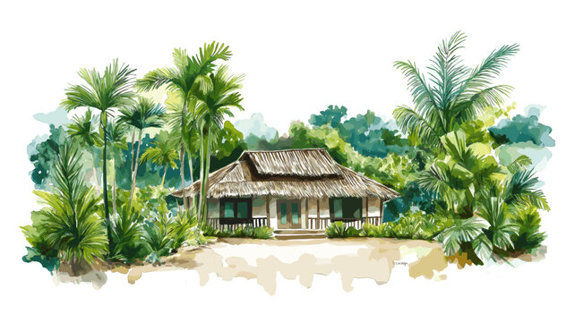 Rewa Eco Lodge. Rewa Eco Lodge hand drawn watercolor illustration
