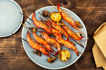 Shrimp langoustines skewers.