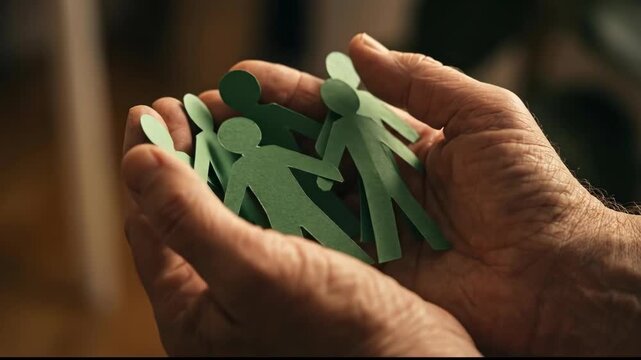 Elderly Hands with Green Paper Cutouts of People Symbolizing Community, Care, and Support in Connected World