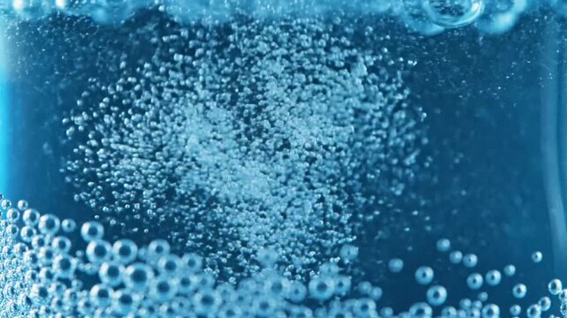 Close up view of fizzing water with many bubbles rising to the top against a deep blue background