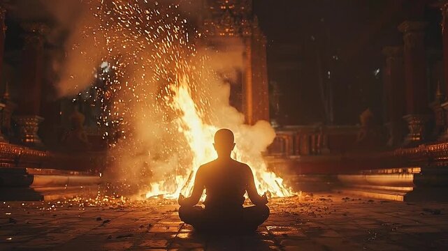 Embracing Inner Peace: A solitary figure, bathed in the warm glow of flames, finds serenity through meditation, creating a powerful image of inner strength and contemplation.