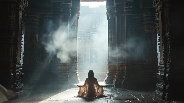 Seeking Enlightenment: A solitary figure sits in silent contemplation at the threshold of a weathered temple, the entrance casting a mystical light and hazy atmosphere, evoking introspection.