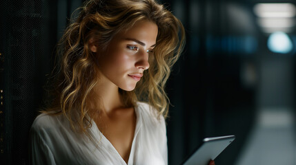 A woman works in a modern data center.