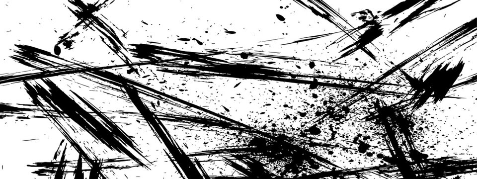 Dynamic Black Ink Brush Strokes and Splatters Grunge Texture Abstract Vector Background