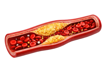 Human artery cross section showing atherosclerosis plaque buildup blood flow restriction red blood cells isolated on white background
