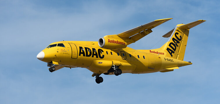 Tenerife, Spain december 31st, 2025. Dornier 328-310 ADAC Luftrettung ambulance flies in the blue sky. Landing at Tenerife Airport