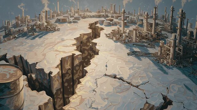 Energy power struggle illustration, oil barrels and refineries forming a fractured globe, heavy shadows and industrial atmosphere, subtle visual metaphors of control and dominance, muted color palette