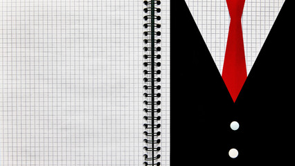 Paper suit with red tie on notebook background flat lay. Concept of leadership visuals, business marketing, corporate communication, bold graphic layouts for presentations and ads.