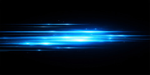 A dark blue abstract background features glowing stars and light rays in motion, creating a digital art wallpaper with flowing lines and energy waves across a black space backdrop