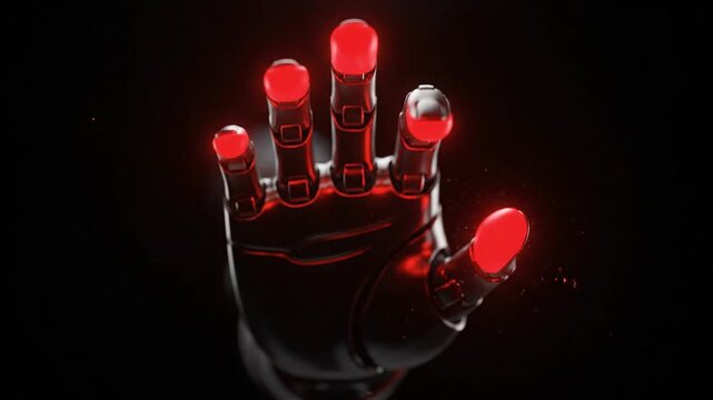 Stop Hand A digital robotic palm facing forward (stop gesture) glowing red. 4k video