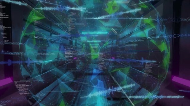 Animation of illuminated globe and computer language over futuristic tunnel in background