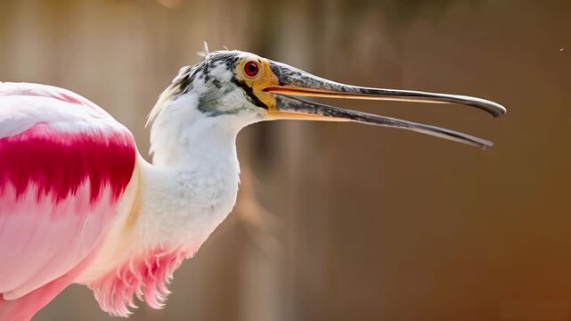 close-up of a Roseate Spoonbill ,a distinctive wading bird known for its unique bill and vibrant coloration.