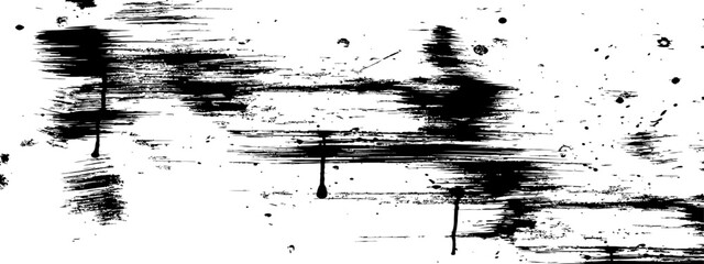 Black ink grunge texture overlay with messy horizontal brush strokes and paint drips on white background