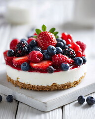 fresh berry cheesecake bright natural light clean background commercial dessert photo