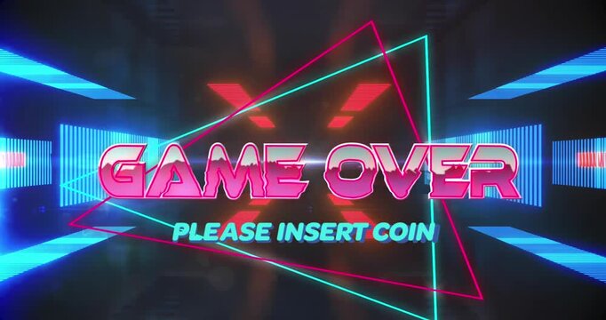 Animation of game over please insert coin text banner against neon tunnel in seamless pattern