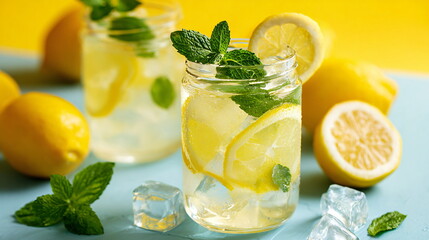lemonade with ice and mint summer vibe bright clean background