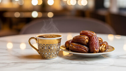 Modern Arabic coffee and dates on marble table with copy space for Ramadan