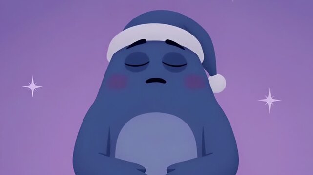 Animated sleepy character wearing sleeping cap on purple glitter background, perfect for holiday themed content