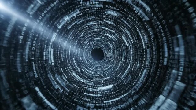 Swirling Vortex of Digital Data Streams Against Stark Black Background Creates Abstract and Futuristic Visual Flow