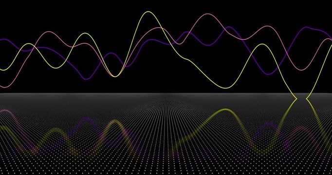 Looping animation. Abstract sine waves shimmer with colors over the mirror floor, creating a mesmerizing visual effect. The dynamics of the lines immerse you in the atmosphere of digital aesthetics.