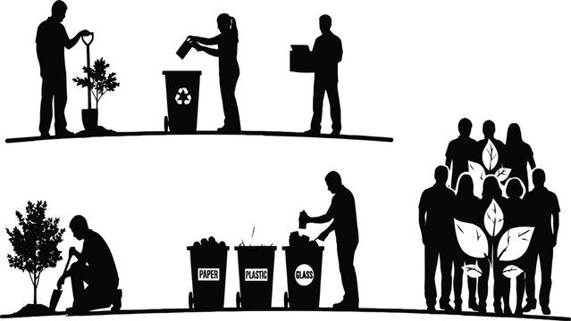 Silhouettes of people engaged in eco-friendly activities like planting trees and recycling representing environmental awareness and community action isolated on white - Powered by Adobe
