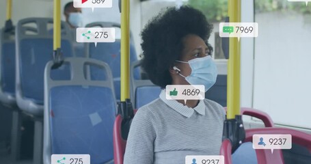 Animation of social media icons and data over african american woman in face mask - Powered by Adobe