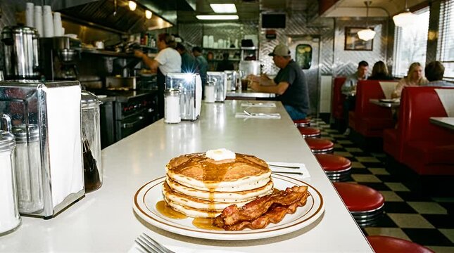 Classic diner breakfast scene with pancakes and bacon, retro eatery food photography diner, bacon, syrup.