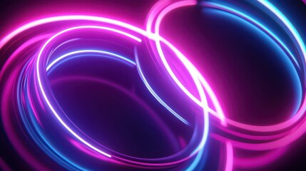 A vibrant neon light installation with pink and blue glowing rings in a dark space