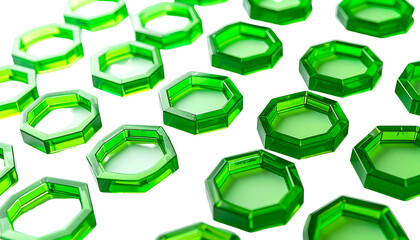 Green hexagonal translucent shapes scattered across a dark background