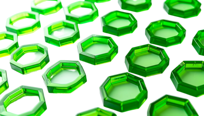 Green hexagonal translucent shapes scattered across a dark background