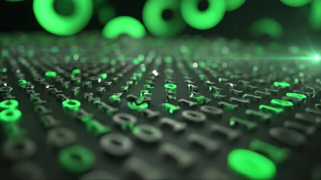 Cinematic Macro Shot of Glowing Green Binary Code Creating Futuristic and Chaotic Digital Landscape and Atmosphere