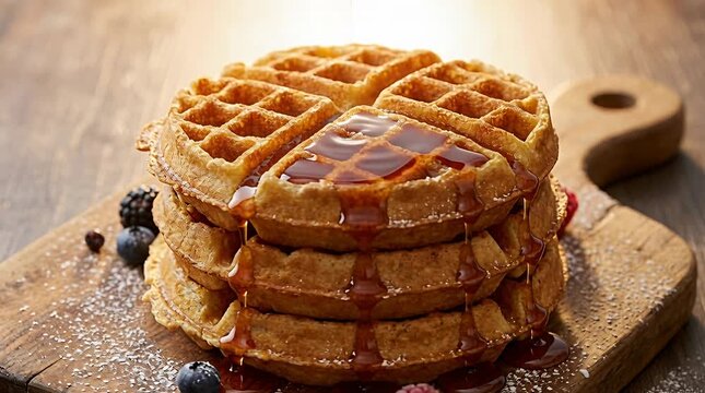 Delicious waffles stacked high with sweet syrup and fresh berries for a delightful breakfast treat, blueberry.