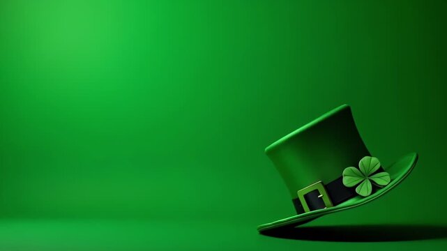 Green leprechaun hat with buckle and shamrock leaves on green background. St Patricks Day concept
