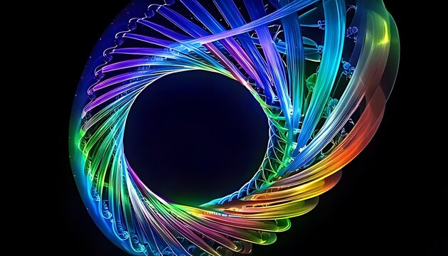 A vibrant, spiraling, abstract form with a central void, rendered in rainbow hues against a dark background