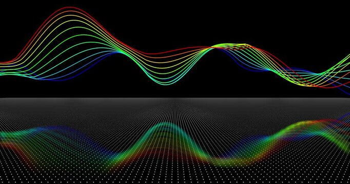 Looping animation. Abstract sine waves shimmer with colors over the mirror floor, creating a mesmerizing visual effect. The dynamics of the lines immerse you in the atmosphere of digital aesthetics.