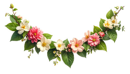 Floral Garland with pink and White Flowers and Green Leaves on Transparent Background for Wedding Invitations and Spring Designs Isolated Cutout Style