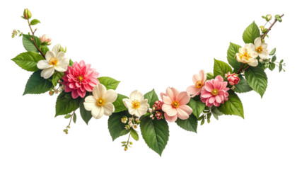 Floral Garland with pink and White Flowers and Green Leaves on Transparent Background for Wedding Invitations and Spring Designs Isolated Cutout Style