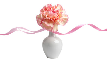 Elegant Pink Carnation Flower in White Vase with ribbon on Transparent Background for Mother's Day and Valentine's Day Floral Arrangements
