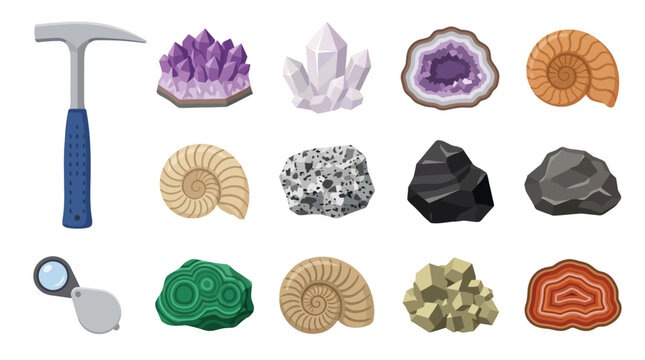 Fossils Rocks Minerals Geology Hammer Magnifying Glass.