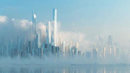 A city skyline with a foggy atmosphere. The buildings are tall and white. Next generation city concept, futuristic urban skyline, clean architecture, minimal visual noise, soft daylight - Powered by Adobe