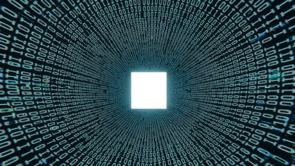 Abstract digital tunnel formed by flowing binary code streams rushing toward a brilliant white light square representing data transfer or future technology concepts