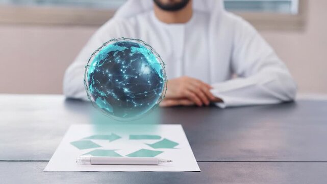 UAE local businessman using digital paperless services with holographic globe and recycling symbol, representing smart sustainable technology and eco-friendly transformation.