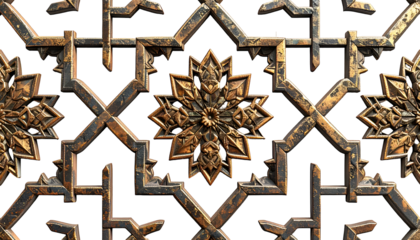 Ornate, weathered metal gate detail with geometric and floral patterns